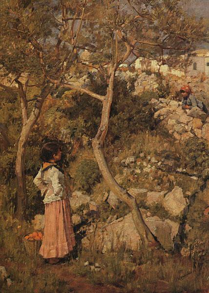 Two Little Italian Girls By a Village, John William Waterhouse